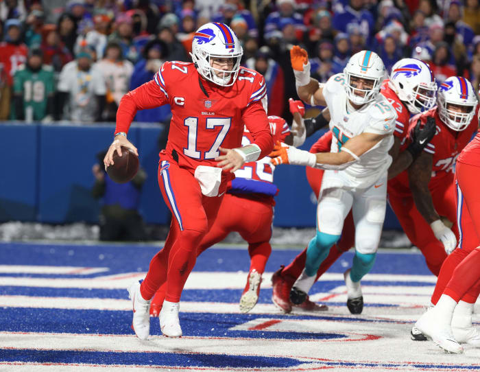 Bills quarterback Josh Allen wears the color rush uniforms against the Dolphins.